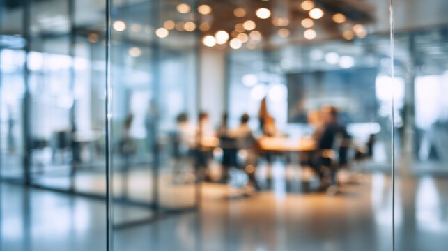blurred background of a business meeting in a modern office with glass walls and people sitting at the table. - Powered by Adobe