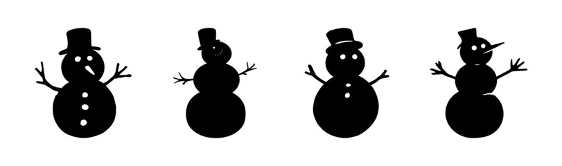 Collection of four black snowman silhouettes for winter and christmas designs