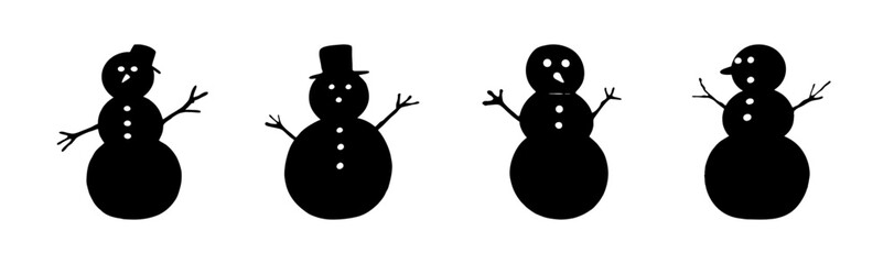 Collection of four unique snowman vector silhouettes for winter holidays
