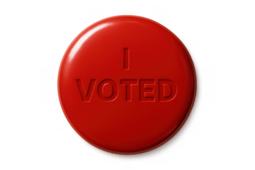 Red i voted button for election day participation, demonstrating civic duty and political engagement on transparent background