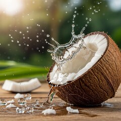 Fresh Coconut Water Droplet Splash From Cracked Coconut – Tropical Refreshment Macro Photography