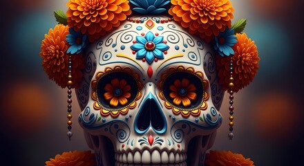 Intricately decorated sugar skull adorned with marigold flowers for day of the dead