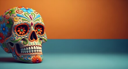 Ornate and colorful sugar skull decoration on a teal surface with orange background