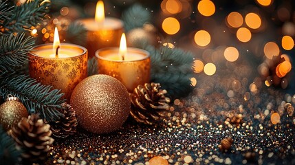 Festive New Year Celebration Banner Template with Candles and Ornaments