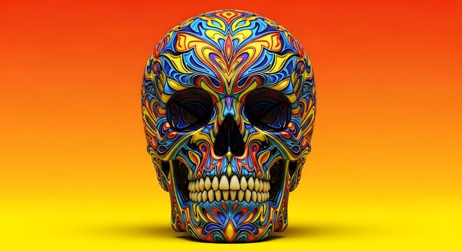 Ornate and colorful sugar skull with intricate patterns on gradient background