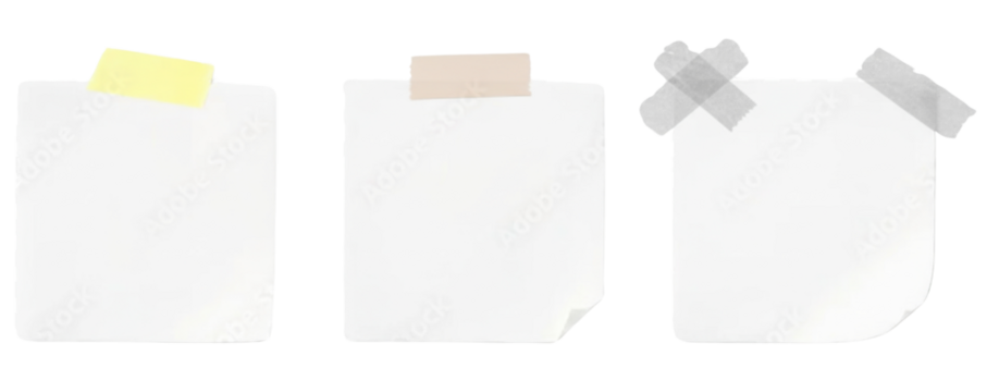 Blank square paper notes attached with various pieces of masking tape for design projects isolated PNG with Transparent Background