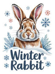Adorable winter rabbit peeking through snow surrounded by festive snowflakes and frosty branches