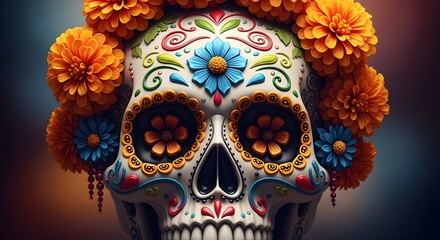 Ornate day of the dead sugar skull adorned with vibrant marigolds