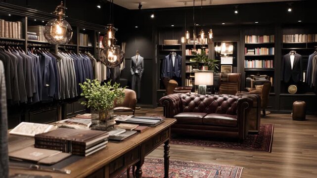 Elegantly designed men's suit store showcases formal wear and stylish accessories in a sophisticated indoor setting