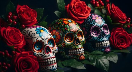 Three ornate sugar skulls surrounded by vibrant red roses
