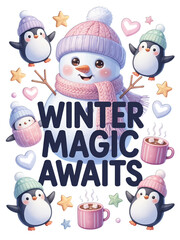 Adorable snowman and playful penguins celebrate cozy winter magic with hot cocoa and starry charm