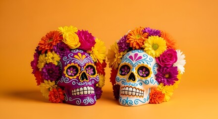 Two colorful sugar skulls adorned with vibrant flowers against an orange background