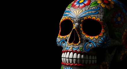 Vibrant and ornate sugar skull decoration with intricate patterns against a dark background