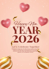 Happy New Year 2026 Poster Template, Festive New Year's Eve Celebration Greeting Card, 2026 New Beginnings Pink and Gold Background, Vertical Happy New Year Banner with Heart Balloons