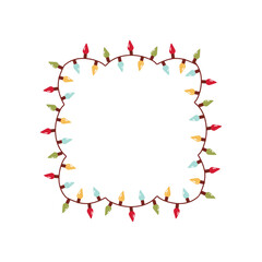 Vector Retro Colorful Holiday Christmas and New Year Intertwined String Lights Square Frame on White Background. Winter Holiday Circular Decorative Element Perfect for Invitations, Postcards