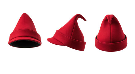 Naklejka premium Red gnome or elf hat with a peak in three different views for fantasy and Christmas costume