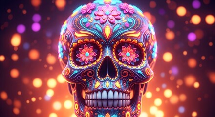 Vibrant and ornate sugar skull adorned with colorful patterns and bokeh lights