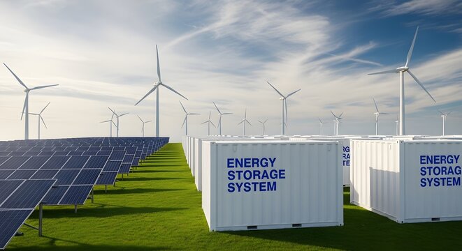 Renewable energy farm with solar panels wind turbines and battery storage units