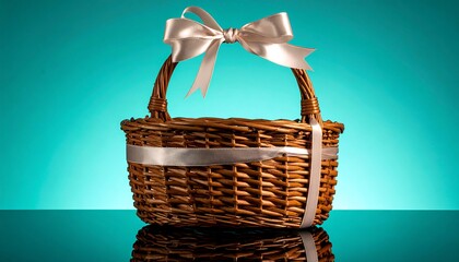Elegant Wicker Basket with Ribbon on Teal Background.