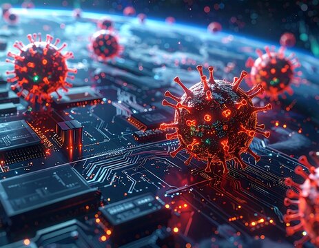 Digital rendering of a virus superimposed on a circuit board over Earth - Powered by Adobe