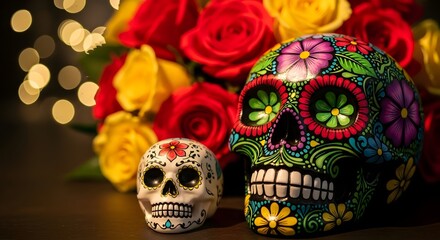 Vibrant day of the dead skulls and colorful roses with bokeh lights