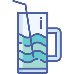 Tall Clear Glass Mug With Handle Filled With Light Blue Water And A Straw Against A Transparent Background