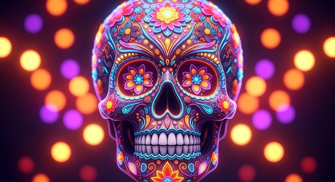 Vibrant day of the dead sugar skull with bokeh lights background