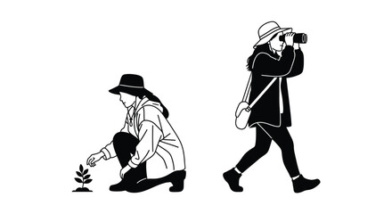 Vector illustration of woman planting and bird watching outdoors