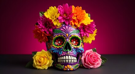Vibrant sugar skull adorned with colorful flowers and roses