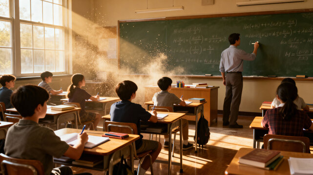 Teacher Writing on Chalkboard in Sunny Classroom with Students