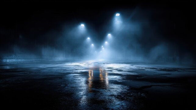 Commercial high-resolution photo of dark, foggy road with blue headlights and reflections on wet asphalt.