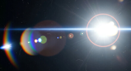 Abstract bright light flares and lens effects on a dark background with dust particles visible