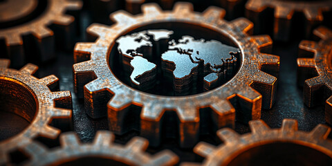 Close-up view of metallic gears with a world map design Generative AI