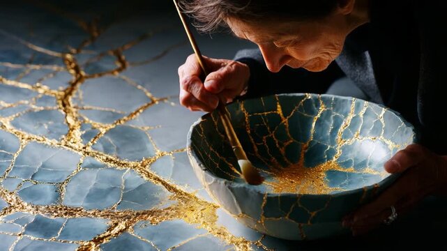 A Skilled Artisan Delicately Repaints a Cracked Ceramic Bowl Using the Traditional Kintsugi Technique, Highlighting the Beauty of Imperfections with Gold Lacquer