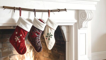 Festive Christmas Stockings Hanging by the Fireplace Mantel.