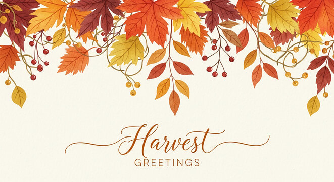 Fototapeta Illustration of autumn leaves and berries on top with the text "Harvest Greetings", representing seasonal theme, autumn time, and festive greetings