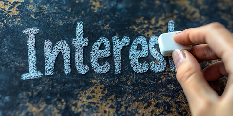 Hand erases word Interest from a chalkboard surface Generative AI