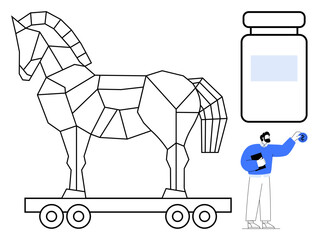 Trojan horse on wheels next to vial and researcher inspecting with magnifying glass. Ideal for cybersecurity, threat identification, malware, data protection, digital risks, research, simple flat