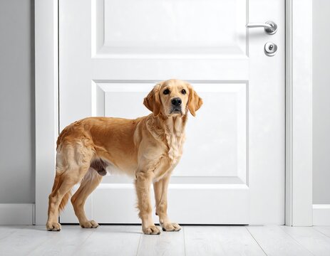 A golden-coated canine stands patiently near a closed white door