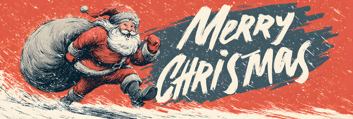 Santa Claus with a huge bag on the run to delivery christmas gifts at snow fall.Merry Christmas text Calligraphic Lettering Vector illustration.