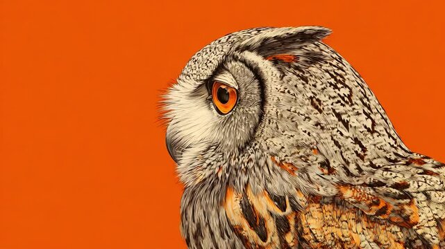 Captivating Portrait of a Majestic Owl Against a Vibrant Orange Background, Showcasing Its Striking Features and Intriguing Expression in Two Distinct Framing Perspectives