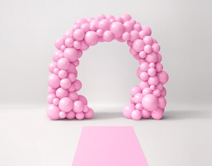 Pink balloon arch and pink carpet on gray background