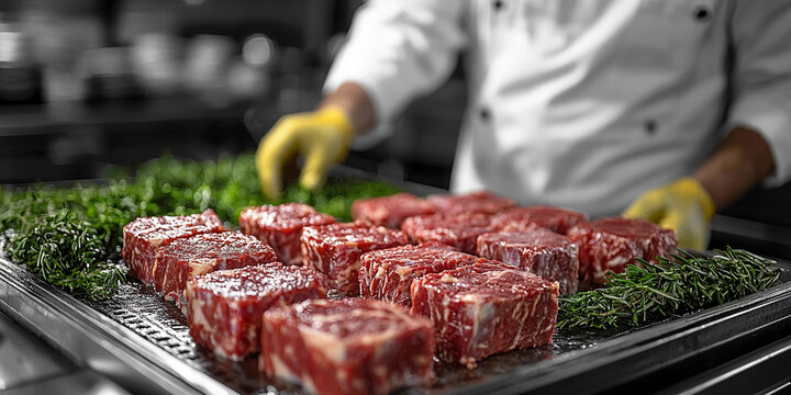 Butcher preparing dry aged beef at butcher shop Generative AI
