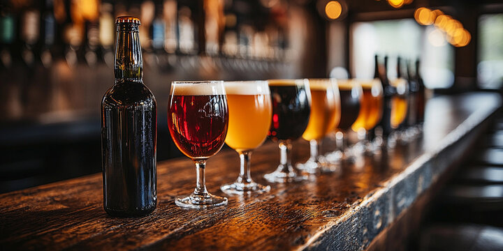 Craft beer and unique wine glasses on a rustic bar Generative AI