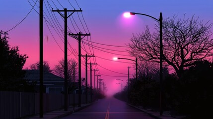 Serene Twilight Scene with Trees and Street Lamps on Quiet Road at Dusk