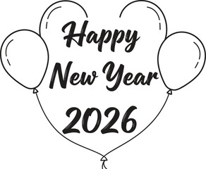 Hand drawn sketch of balloons forming a heart shape with happy new year 2026 text inside