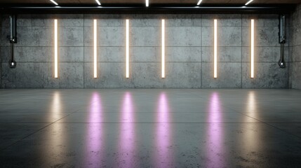 Modern industrial interior with illuminated walls and polished concrete floor design backdrop