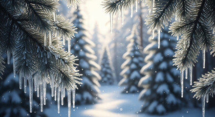 Close-up of pine branch with icicle, creating icy, cold appearance, representing winter, nature, Christmas and New Year, perfect for holiday concepts