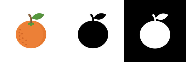 An orange fruit icon with a green leaf, presented in color, black, and white versions, symbolizing luck, prosperity, and freshness in festive or natural-themed designs.