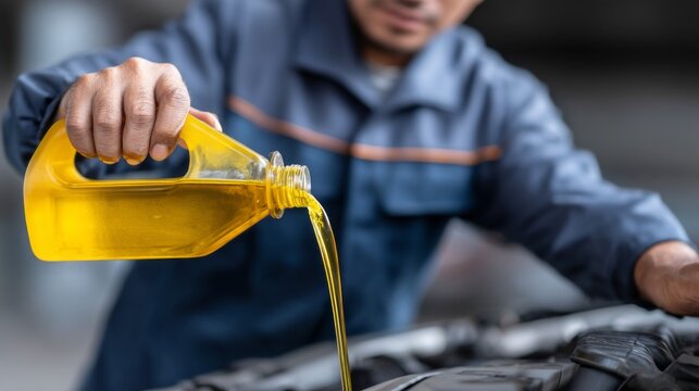 A mechanic carefully pours bright yellow oil from a canister into the engine of a car. The garage is clean and organized, showcasing tools and equipment in the background